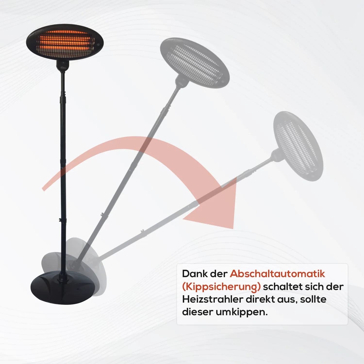 TroniTechnik Quarz-Heizstrahler mit Teleskopstange und 3 Heizstufen, zeigt Kippfunktion.