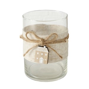 Windlicht Nordy von Boltze Home, transparent-braun, mit Haus-Motiv aus Holz, Ø 9x13 cm.