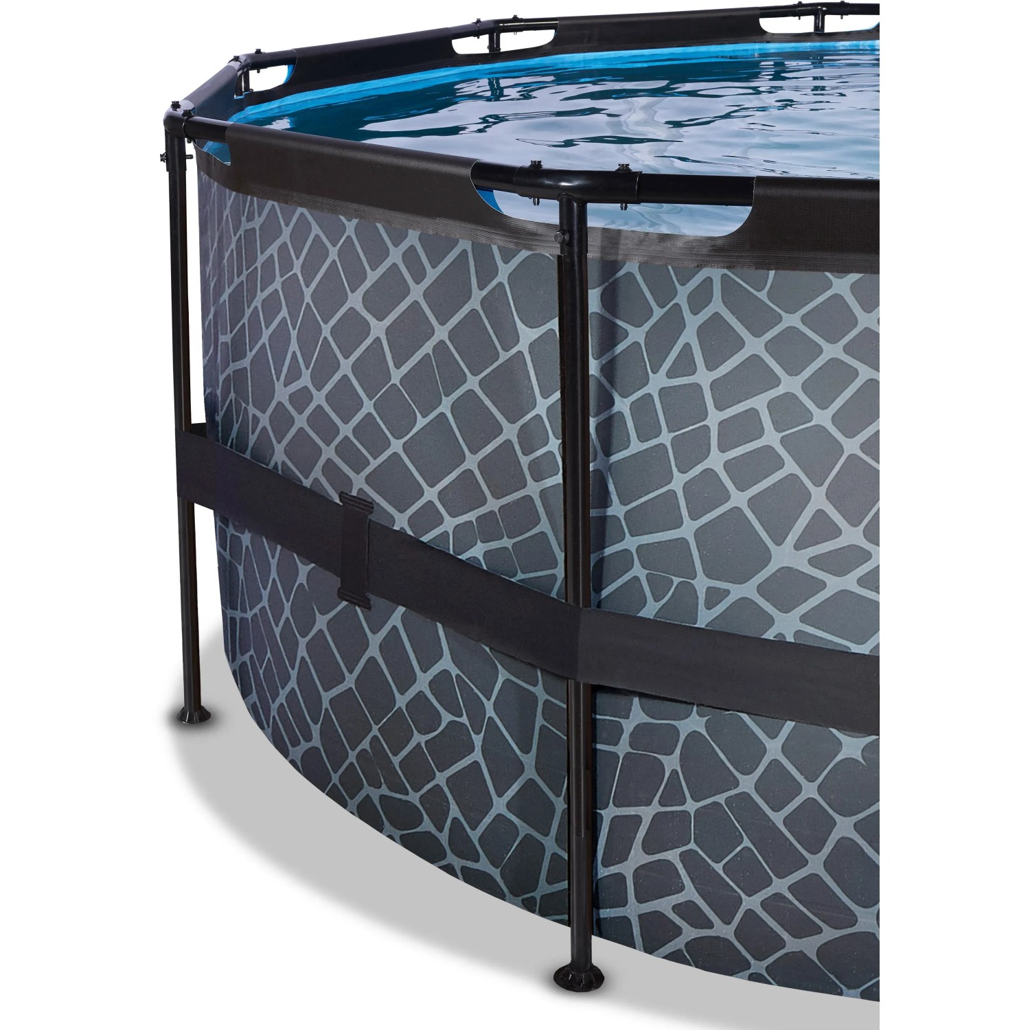 Detailansicht des grauen EXIT Stone Pools Ø450x122cm mit Steinmuster und Stahlrahmen.