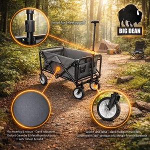 BigDean Bollerwagen Faltbar bis 80kg Grau Schwarz Kompakter Transportwagen Klappbar Handwagen für Camping Einkäufe Garten Festival Ausflüge