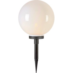 Weiße Deko-Außenleuchte Moneglia in Kugelform mit Erdspieß für den Garten.