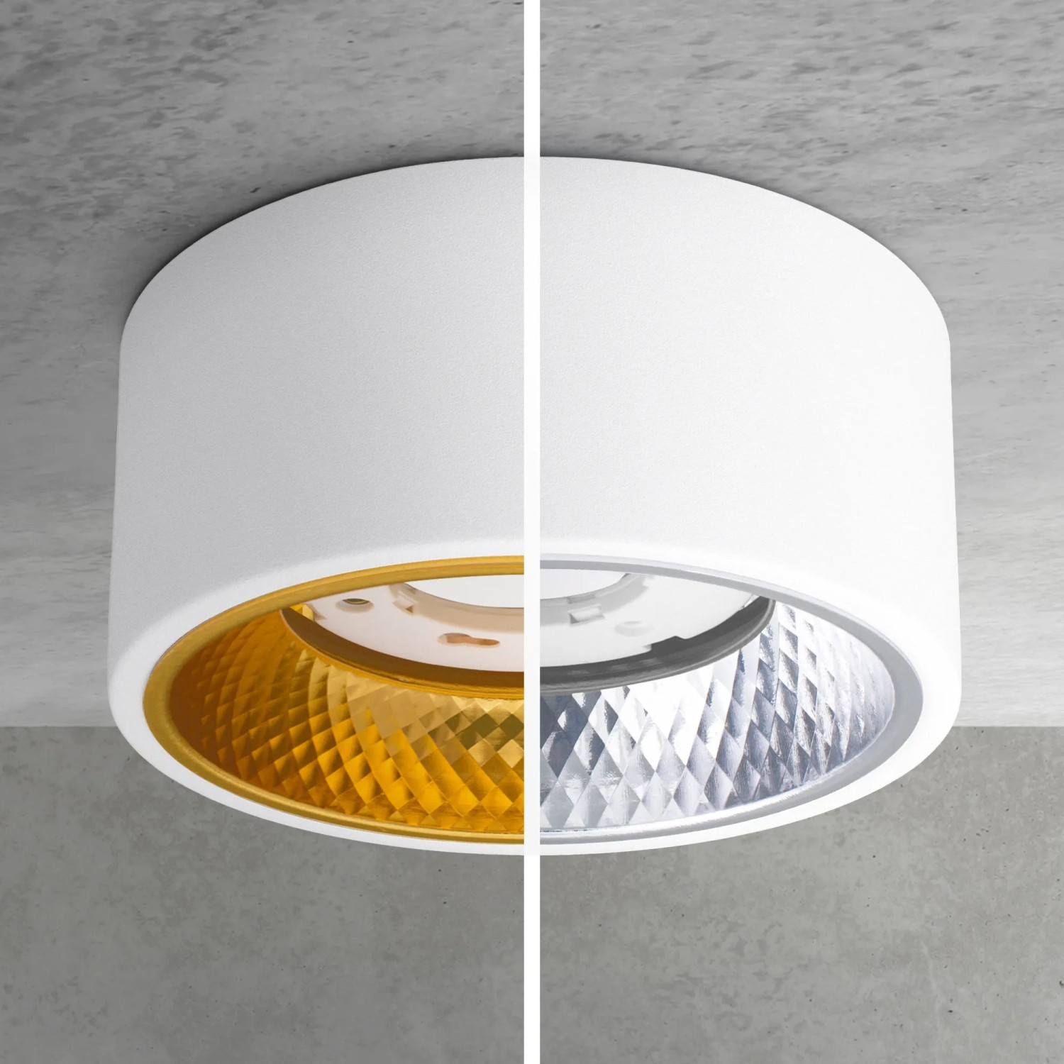 OLINO LED Aufbauspot 4er Set, weiß matt, mit wechselbaren Blenden in Gold und Silber.
