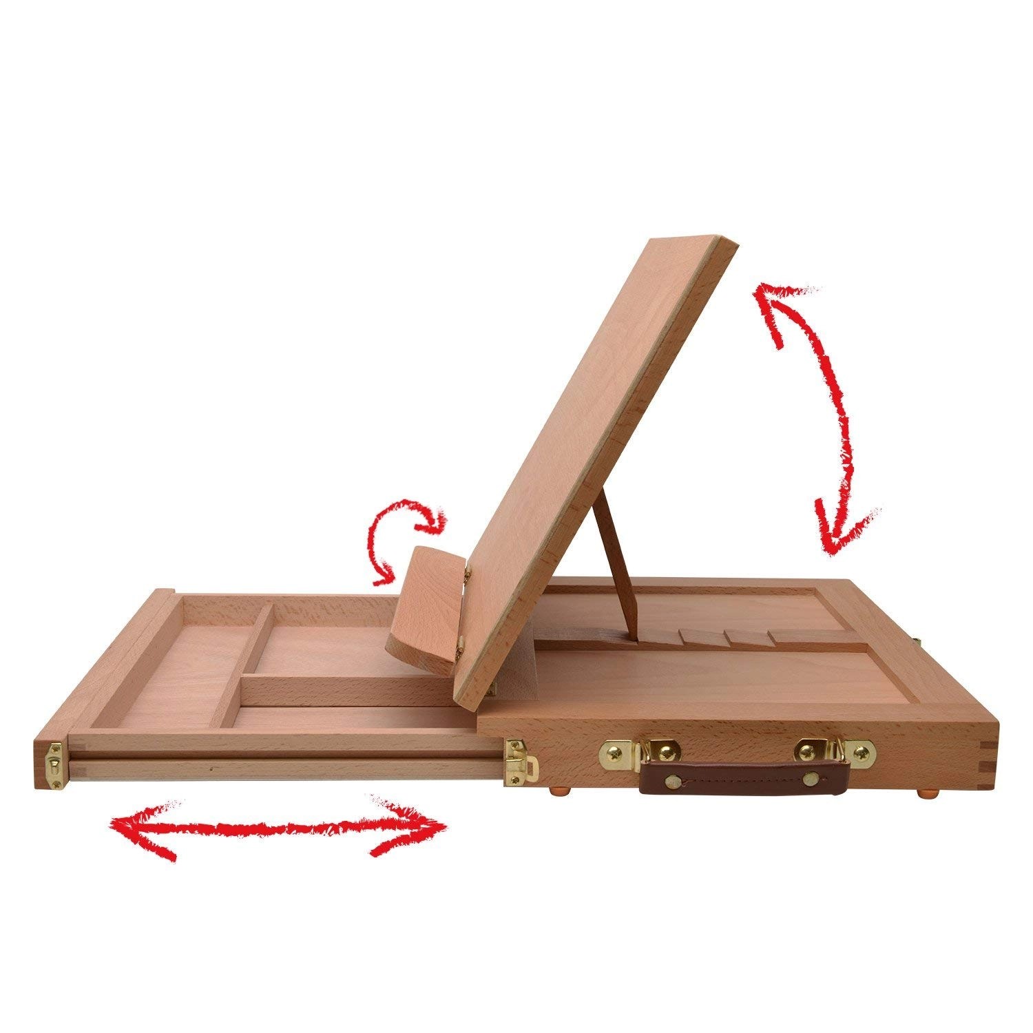 Artina Calais Staffelei aus Buche, geöffnet mit verstellbarem Neigungswinkel und Schublade.