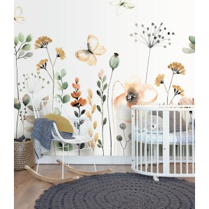 Rasch Fototapete Bambino XIX 253283 mit Blumen und Schmetterlingen in Hellgrün, Rosé und Petrol.