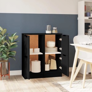 Zwei schwarze vidaXL Sideboards aus Holzwerkstoff, je 30x30x70 cm, mit offenen Türen und Regalen.