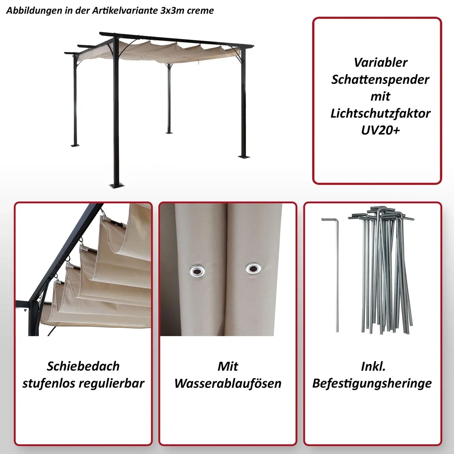 Graue MCW Pergola 3,5x3,5m mit stufenlos regulierbarem Schiebedach und Zubehör.