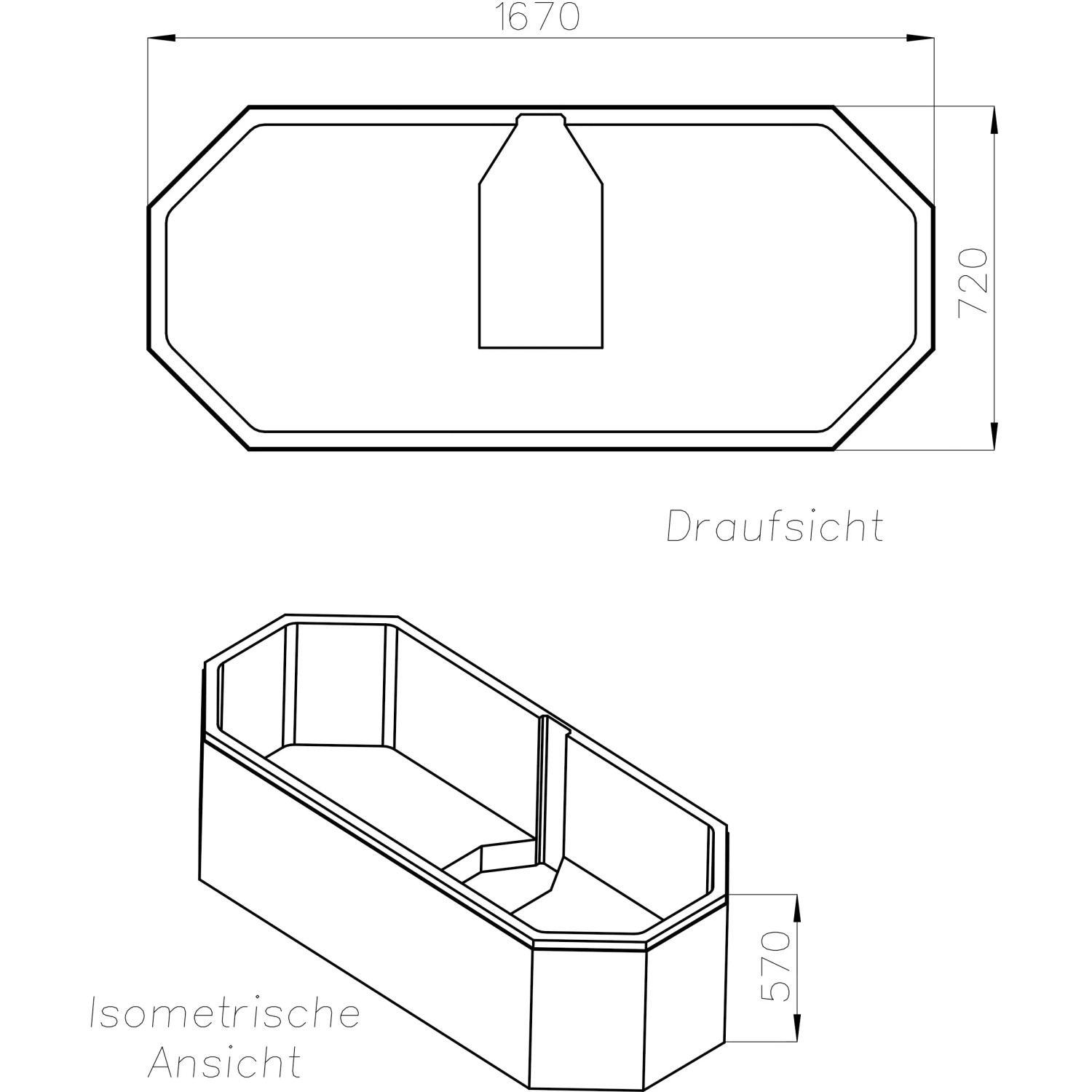 Technische Zeichnung Ottofond Wannenträger Sicilia 170 cm, Draufsicht und isometrische Ansicht mit Maßen.