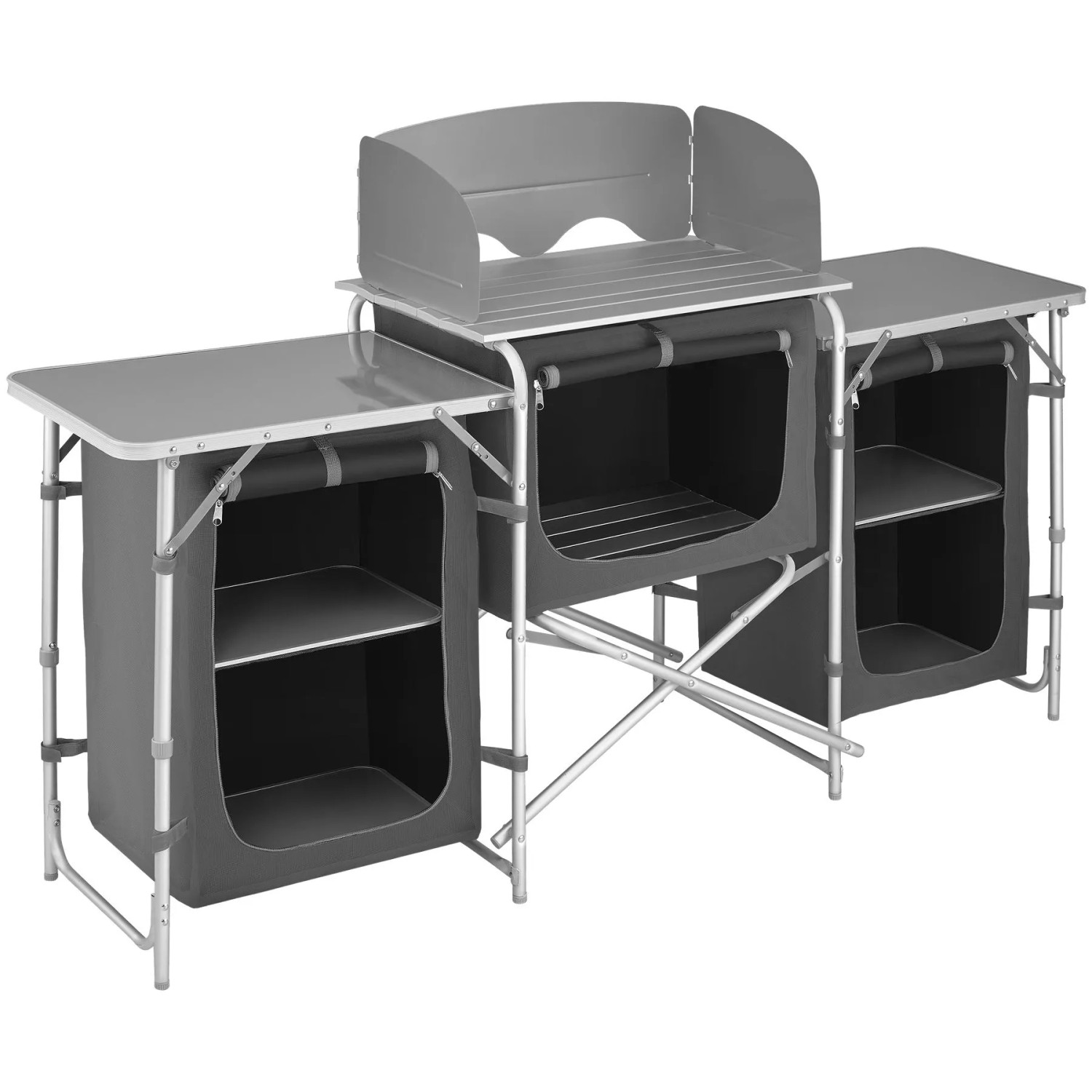 Tectake Campingküche xxl Mit Aluminiumgestell und 5 Fächern  Faltbar Wetterfest  172 x 52 x 104 cm Grau