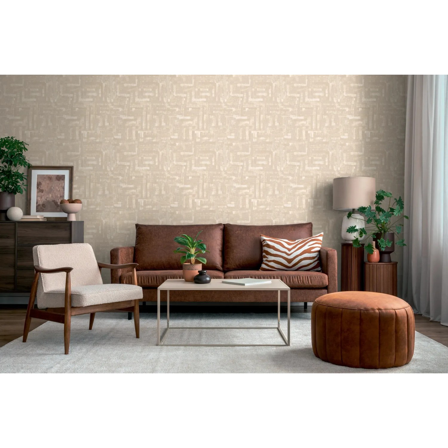 Beige Vliestapete mit Holzblock-Ethno-Muster von A.S. Creation, passend zur Wohnraumgestaltung.
