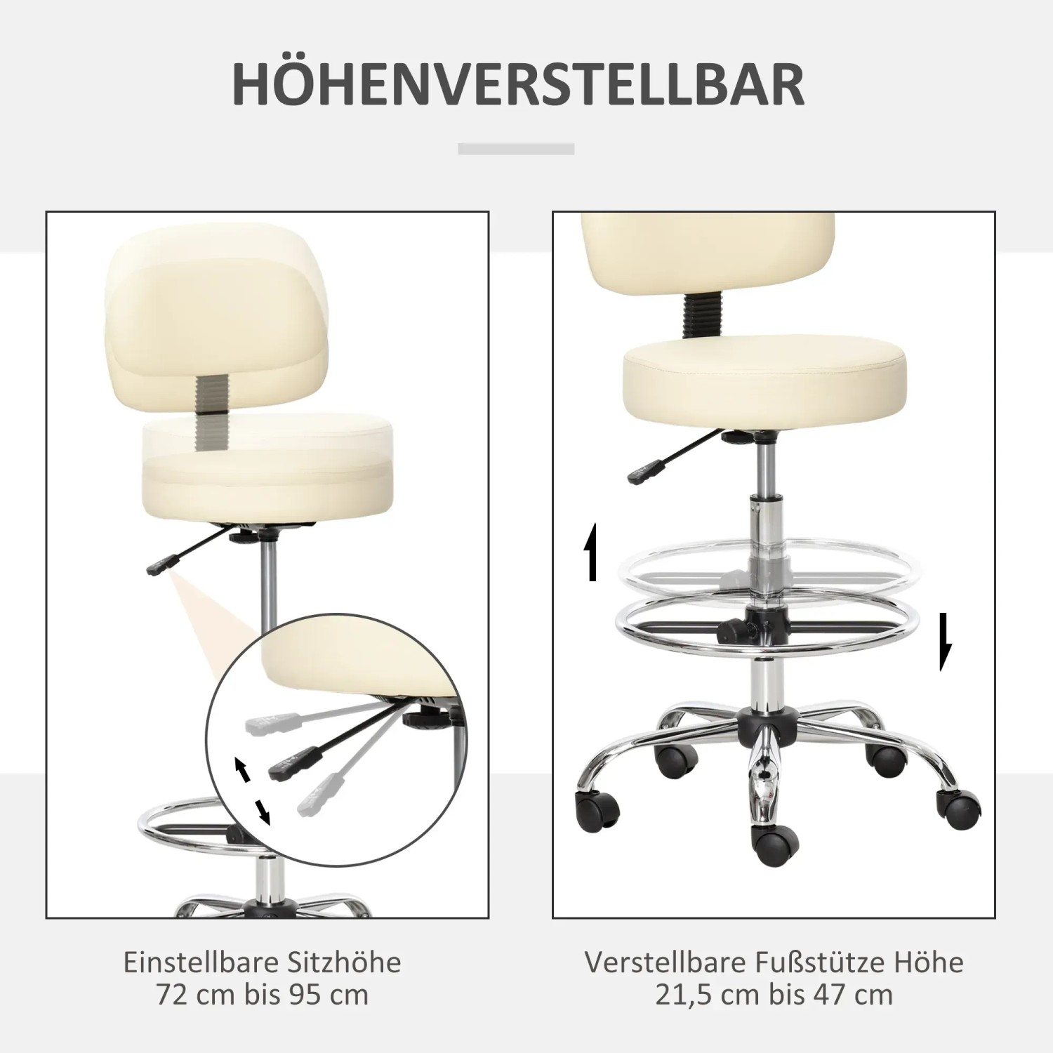 Höhenverstellbarer, beiger Barhocker aus Kunstleder und Stahl, Details zu Sitz- und Fußstütze.