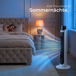 Weißer Tectake Turmventilator Arktis im Schlafzimmer mit kühlendem Luftstrom.