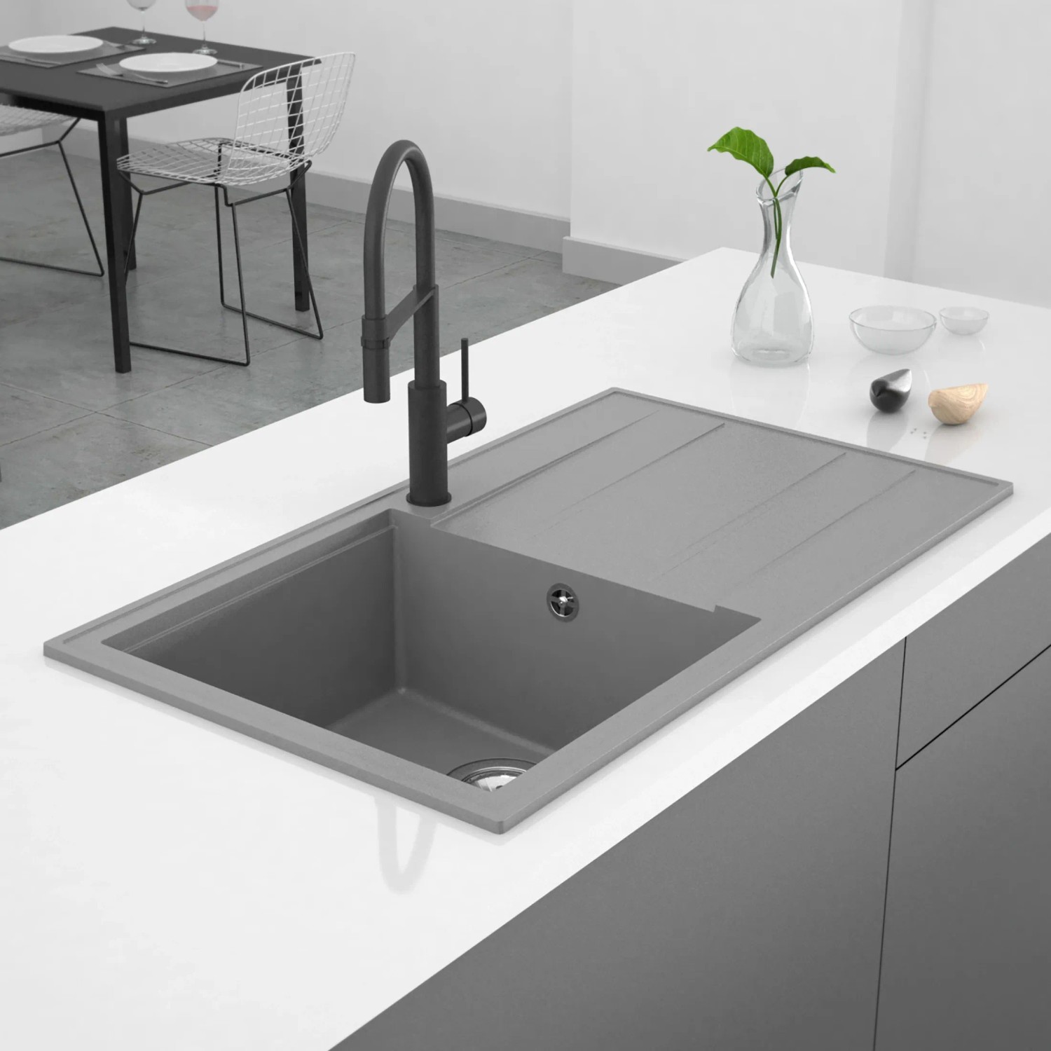 Miló Einbauspüle Luxuria 86 Grau, Granitverbundstoff, 39 cm Beckenbreite.
