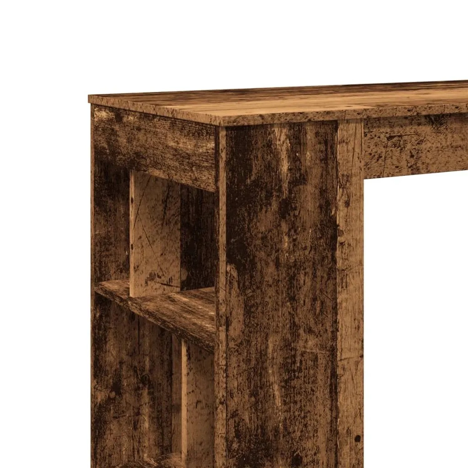 Brauner Bartisch mit Regal in Altholz-Optik. Detail der Holzwerkstoff-Oberfläche und Fächer.