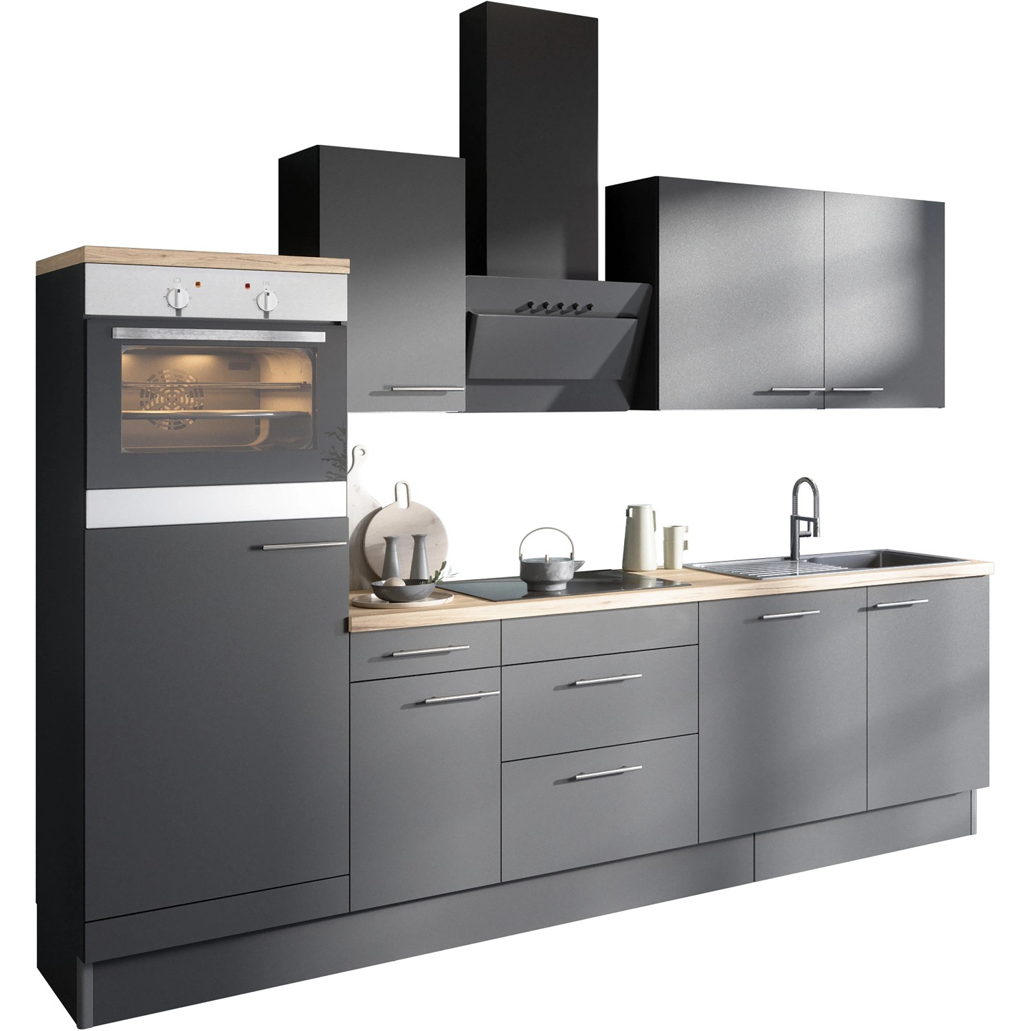 Moderne Optifit Küchenzeile Optikoncept Ingvar 270 cm in Anthrazit mit E-Geräten.