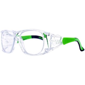 Varionet Safety Multidistanz-Schutzbrille +1,5 Dioptrien, klar mit grünen Akzenten.