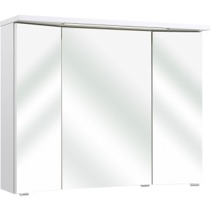 Pelipal Spiegelschrank, Weiß Glänzend, 90 cm breit, mit drei Türen und Kranzbeleuchtung.