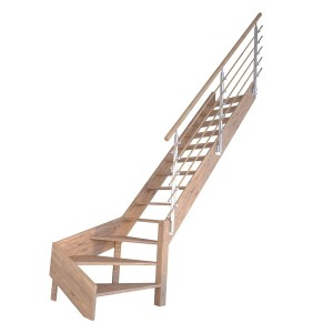 StarWood Treppe Rhodos Eiche, 1/4 gewendelt, mit Design-Geländer aus Holz und Metall.