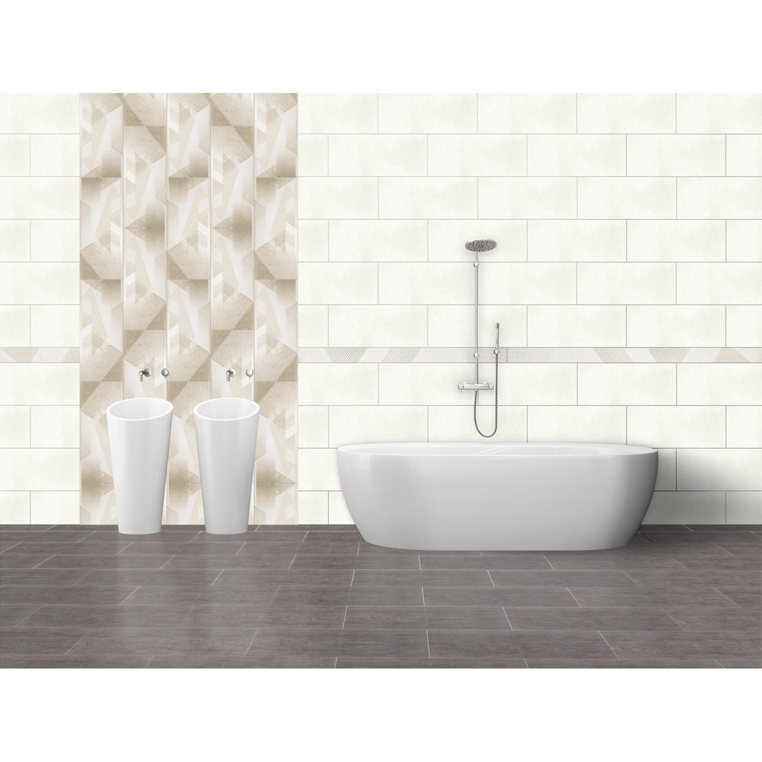 Badezimmer mit grauen Feng Feinsteinzeug Bodenfliesen (30x60) in Betonoptik, Badewanne und Waschbecken.