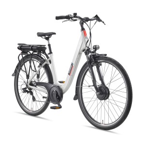 Weißes Telefunken City E-Bike 28 Zoll mit tiefem Einstieg, Frontmotor und 7-Gang Kettenschaltung.