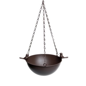 Hängende, dunkelbraune Vogeltränke aus Metall mit zwei Vogel-Figuren (28 cm).