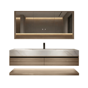 Modernes Waschtisch-Set: weißes Sinterstein-Waschbecken, Holz-Unterschrank, beleuchteter Spiegelschrank & Ablage.