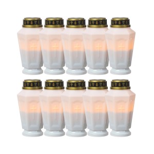 10 weiße LED Grablichter mit Timer und flackerndem, orangem Licht. Grableuchten für den Außenbereich.