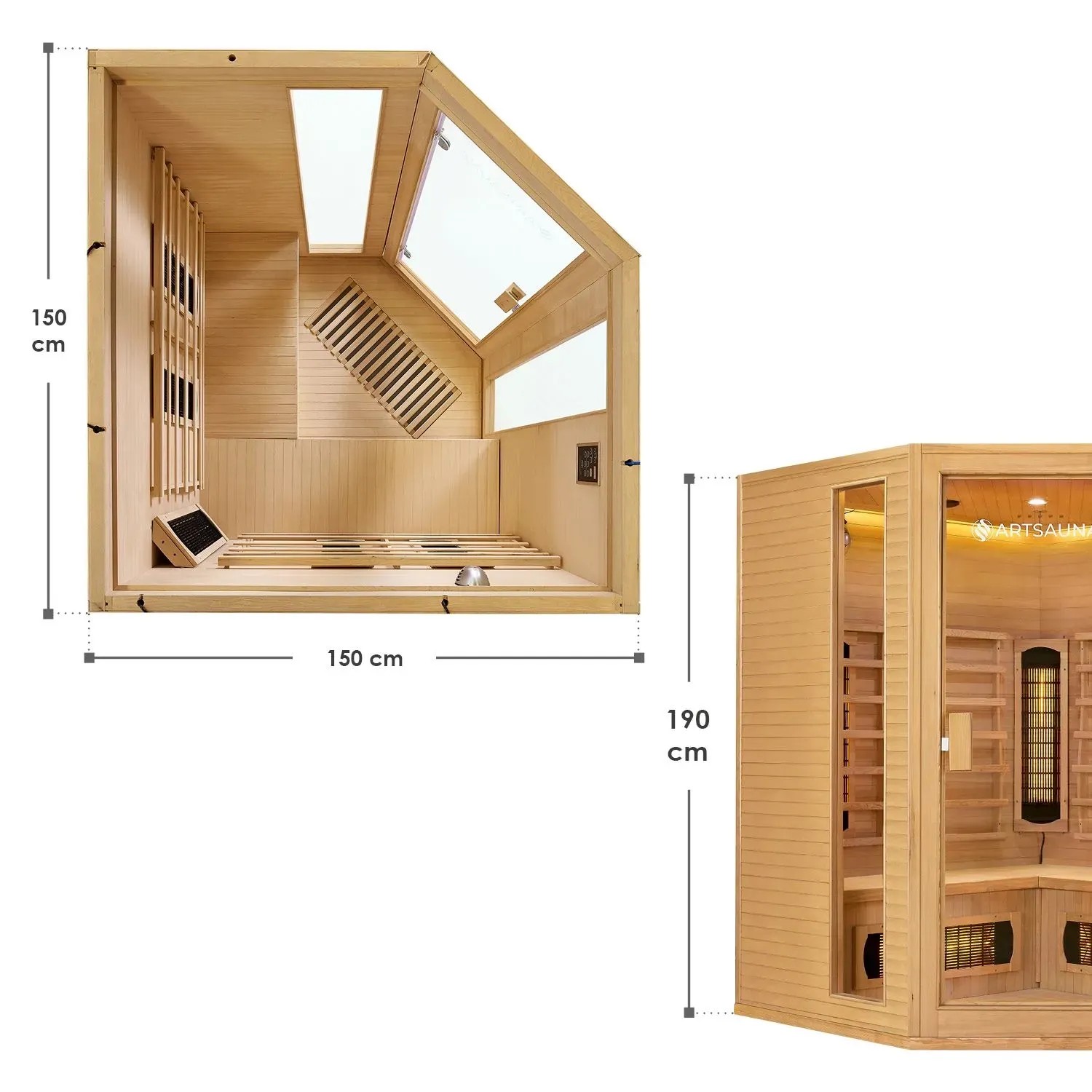 Artsauna Infrarotkabine Nyborg E150V aus Hemlockholz, Maße 150x150x190cm, Innenansicht und Außenansicht.