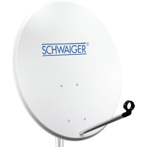 Weiße Schwaiger Satellitenanlage SAT8440HD für 4 Teilnehmer mit Montagearm und blauem Logo.