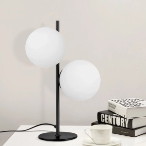 Schwarze NETTLIFE Tischlampe mit zwei runden, weißen Glas-Lampenschirmen. Modernes Design für Wohnzimmer & Nachttisch.