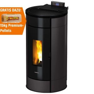 Freepoint Pelletofen Globe, Stahl Anthrazit, 10,5 kW mit Automatik und brennender Flamme.