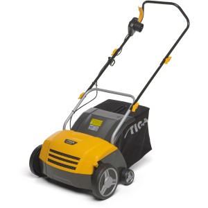 Stiga Elektro-Vertikutierer SV 213 E mit Fangkorb, gelb/grau. Rasenlüfter für die Gartenpflege.