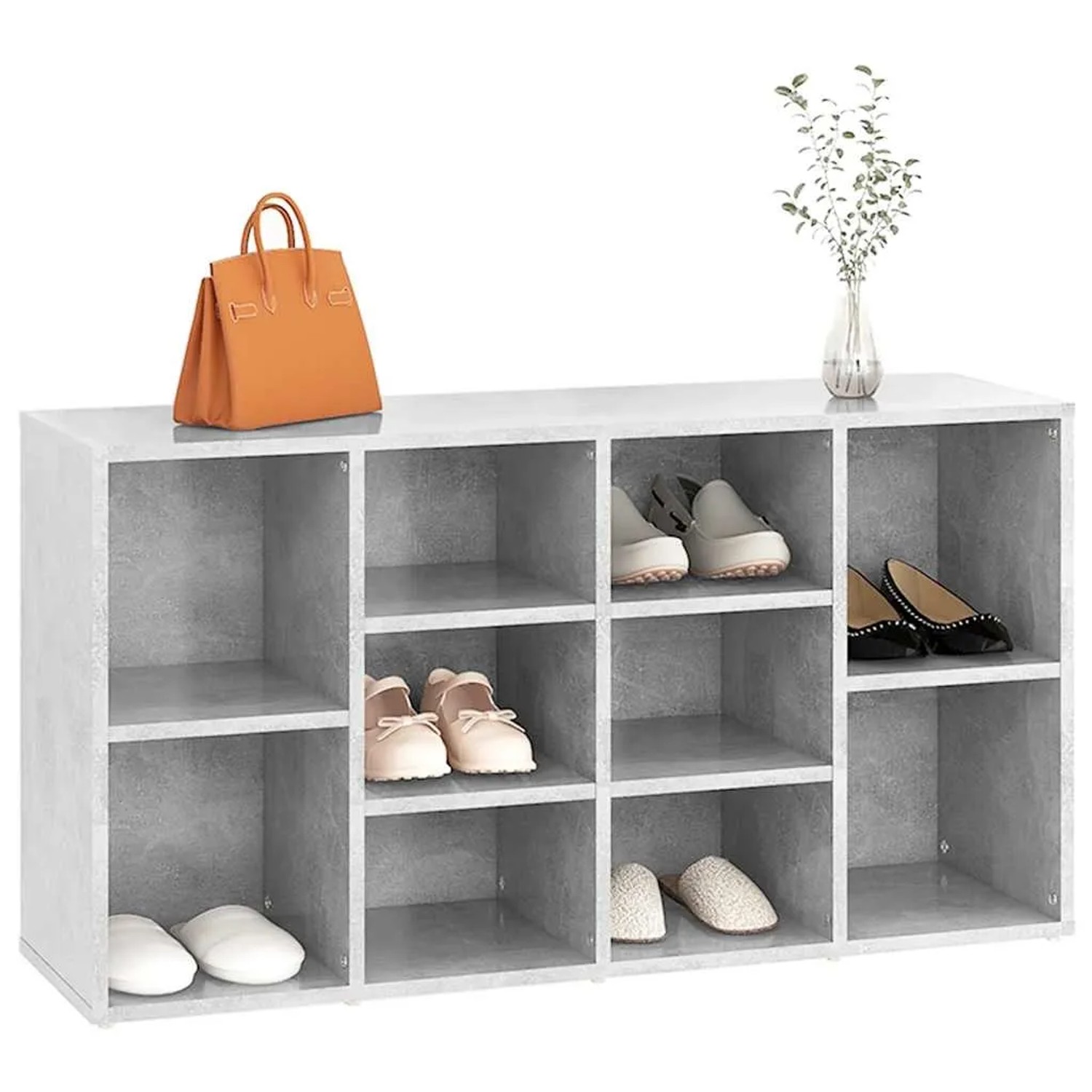 vidaXL Schuhbank in Betongrau mit 10 Fächern aus Holzwerkstoff, ideal zur Schuhaufbewahrung.