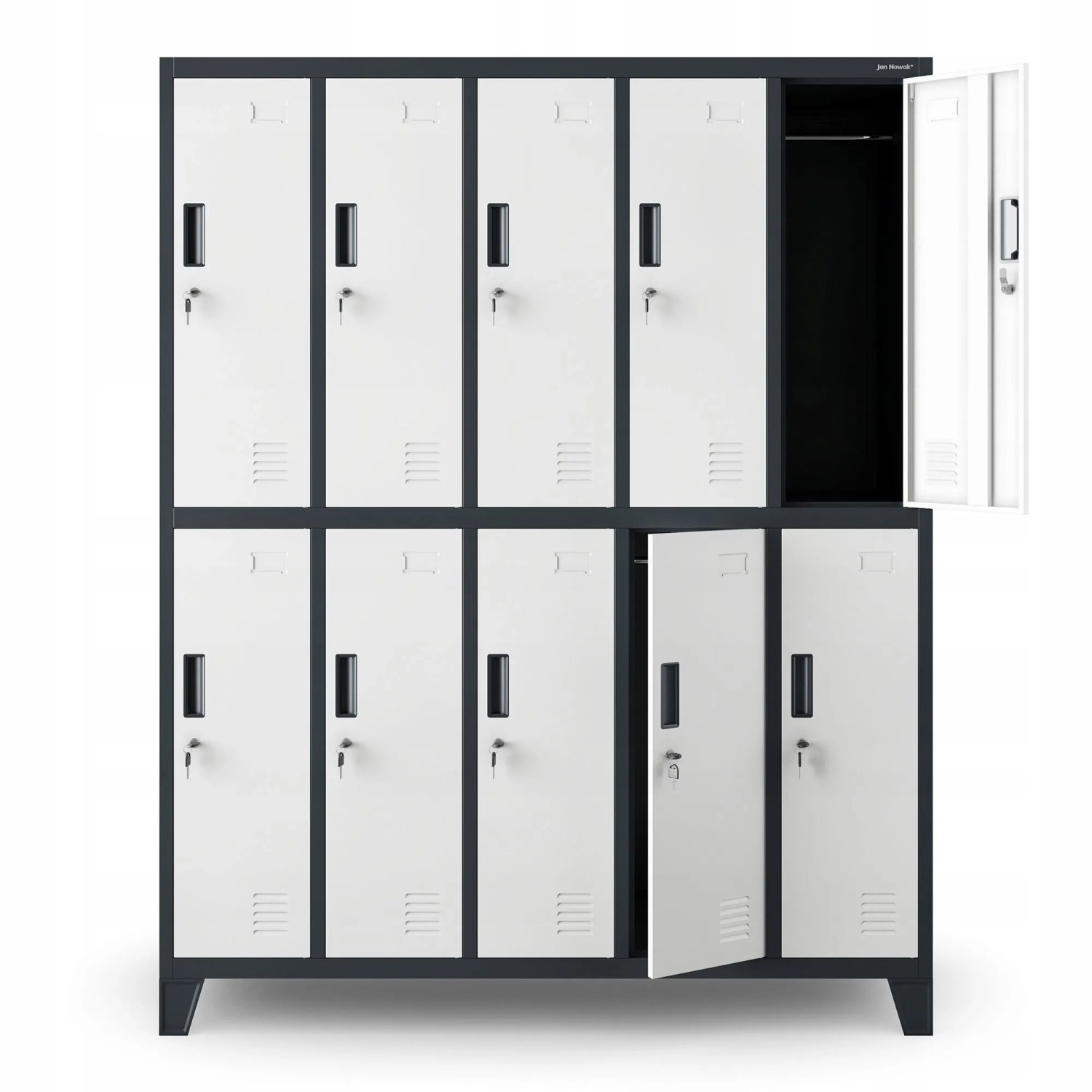 Anthrazit-weißer Metallspind mit 10 abschließbaren Fächern, Belüftung und Zylinderschlössern. Robuster Umkleideschrank.