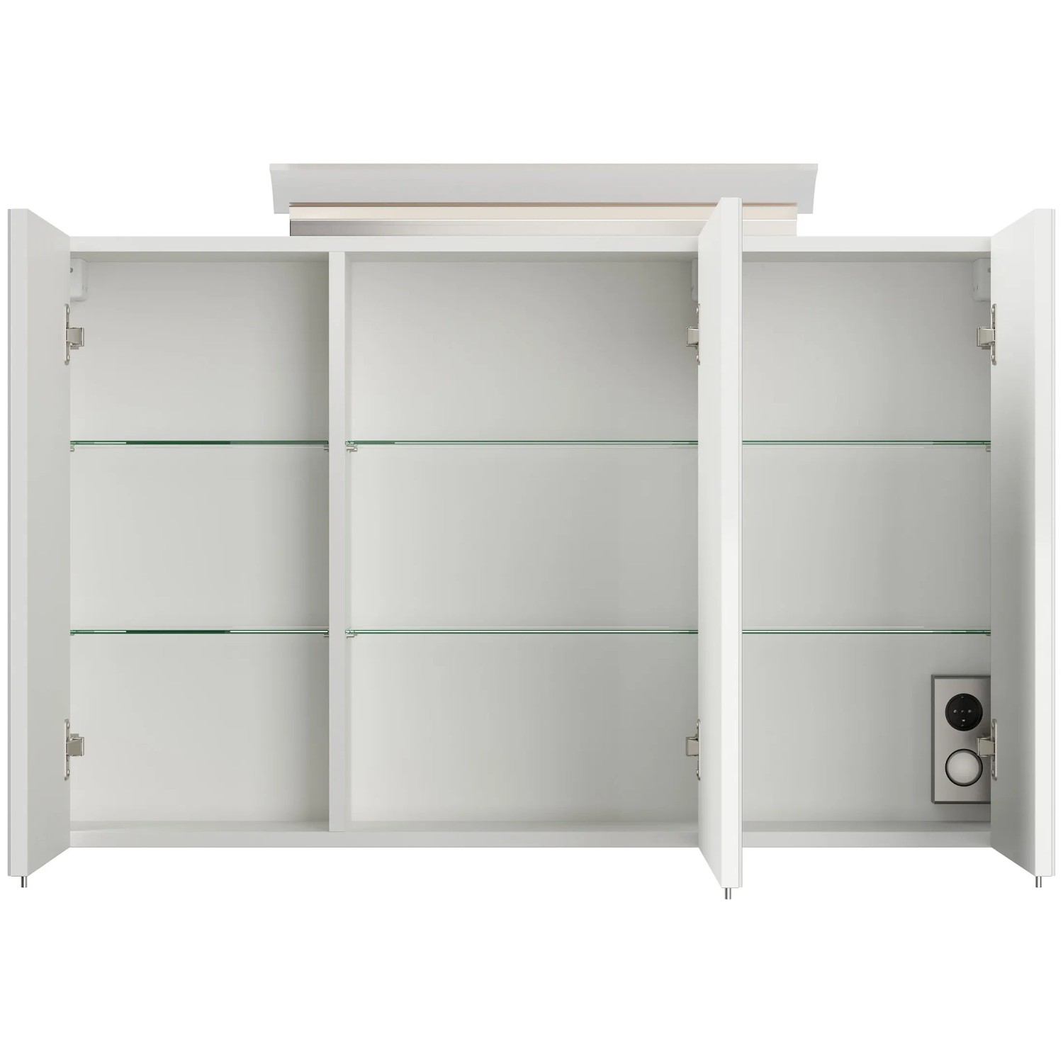 Offener, weißer Posseik Spiegelschrank 100 cm mit LED-Lampe und Glasböden.