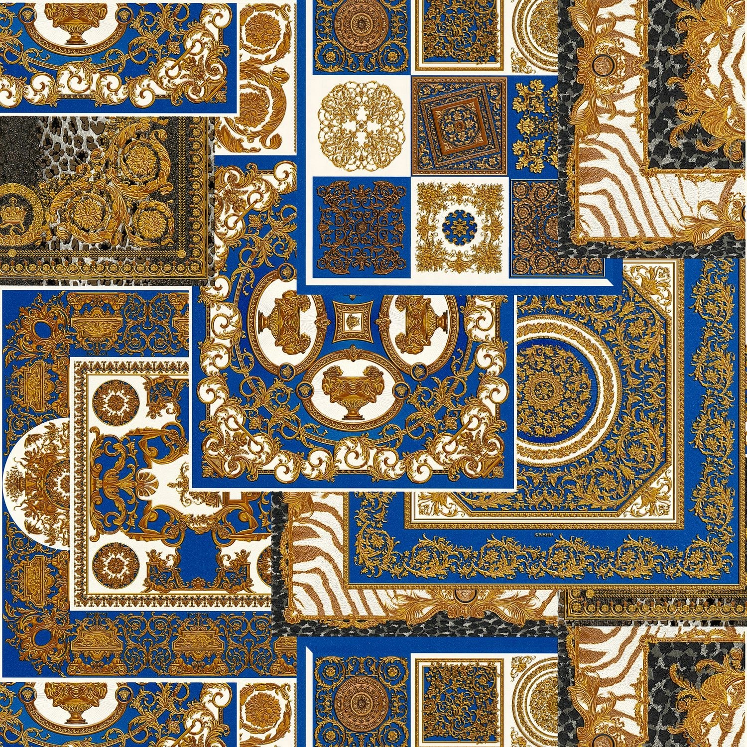 PROFHOME 370481-GU Barock Tapete Design glitzernd Gold Blau Weiß 7,035 m2 0,70 m x 10,05 m 7,035 m2 Gold