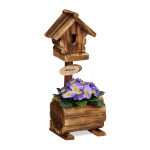 Relaxdays Vogelhäuschen Tannenholz Natur Mit Blumentopf 41 cm x 15 cm x 15 cm