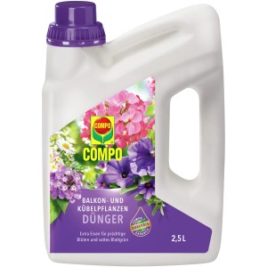 Compo Balkon- und Kübelpflanzendünger, 2,5l Kanister mit lila Deckel und Pflanzenabbildung.