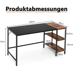 Costway Schreibtisch 140 cm mit Ablage, schwarz/braun, Computertisch für Büro und Arbeitszimmer.