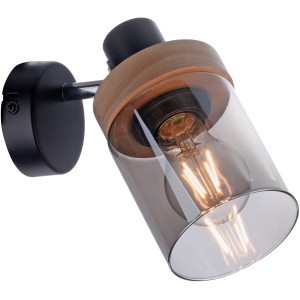 Schwarze Wandleuchte Pasqual mit Rauchglas und Holz für E27 Leuchtmittel