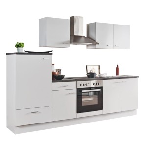 Menke Küchenzeile White Classic 270 cm in Weiß-Marmor-Optik mit E-Geräten.