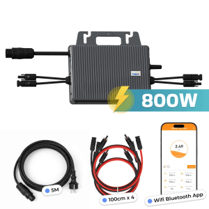 TSUN Mikro-Wechselrichter 800W mit Kabeln und App-Anzeige für Balkonkraftwerke.
