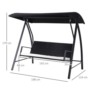 Outsunny Hollywoodschaukel aus Polyrattan, schwarz, mit Sonnendach und Sitzkissen.