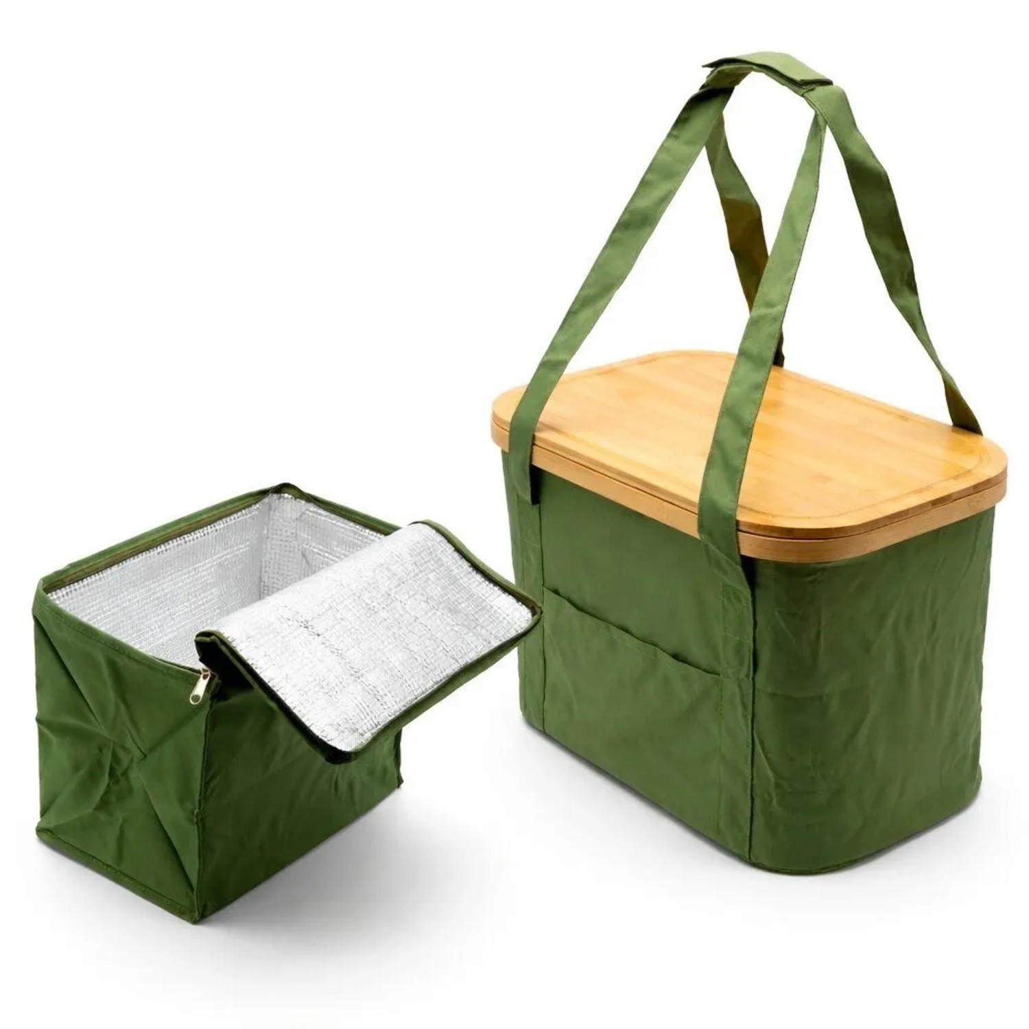 BigDean Picknicktasche mit Herausnehmbarer Kühltasche mit Bambusdeckel 24L Grün Faltbarer Picknickkorb mit Isolierter Innentasche für Einkauf