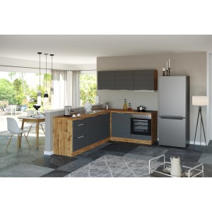 Moderne Winkelküche in Grau- und Wotaneiche-Optik mit E-Geräten und Spüle, 240x180 cm.