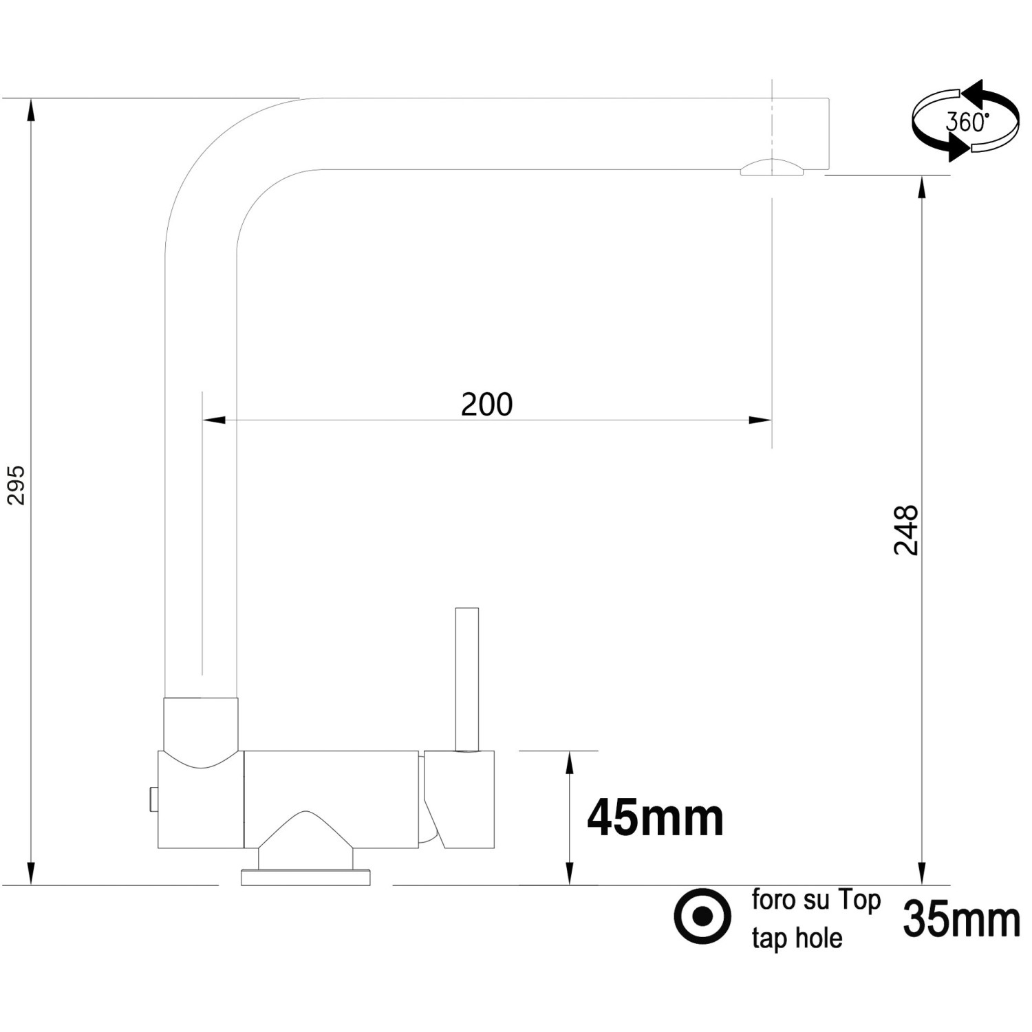 Technische Zeichnung: VIZIO Küchenarmatur, umklappbar, 360° schwenkbar, Maße in mm.