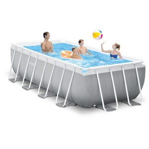 Intex Frame Pool Set Prism Quadra 400x200x122 cm mit Familie im Wasser.