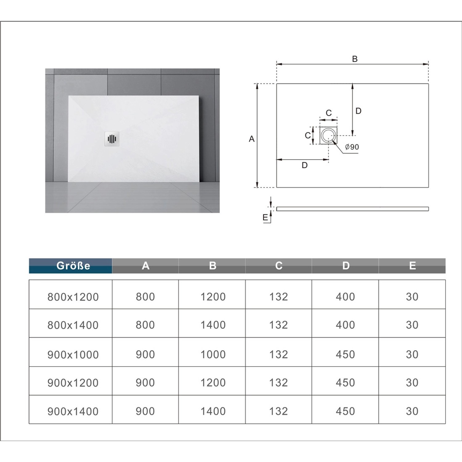 Rechteckige, weiße AICA Duschtasse 80x120 cm in Schieferoptik. Ideal für Duschkabine und Duschwand.