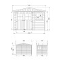 Technische Zeichnung: Timbela Gartenhaus M334, 6,03 m², Holz Abstellraum mit Fenster, Maße und Ansichten.