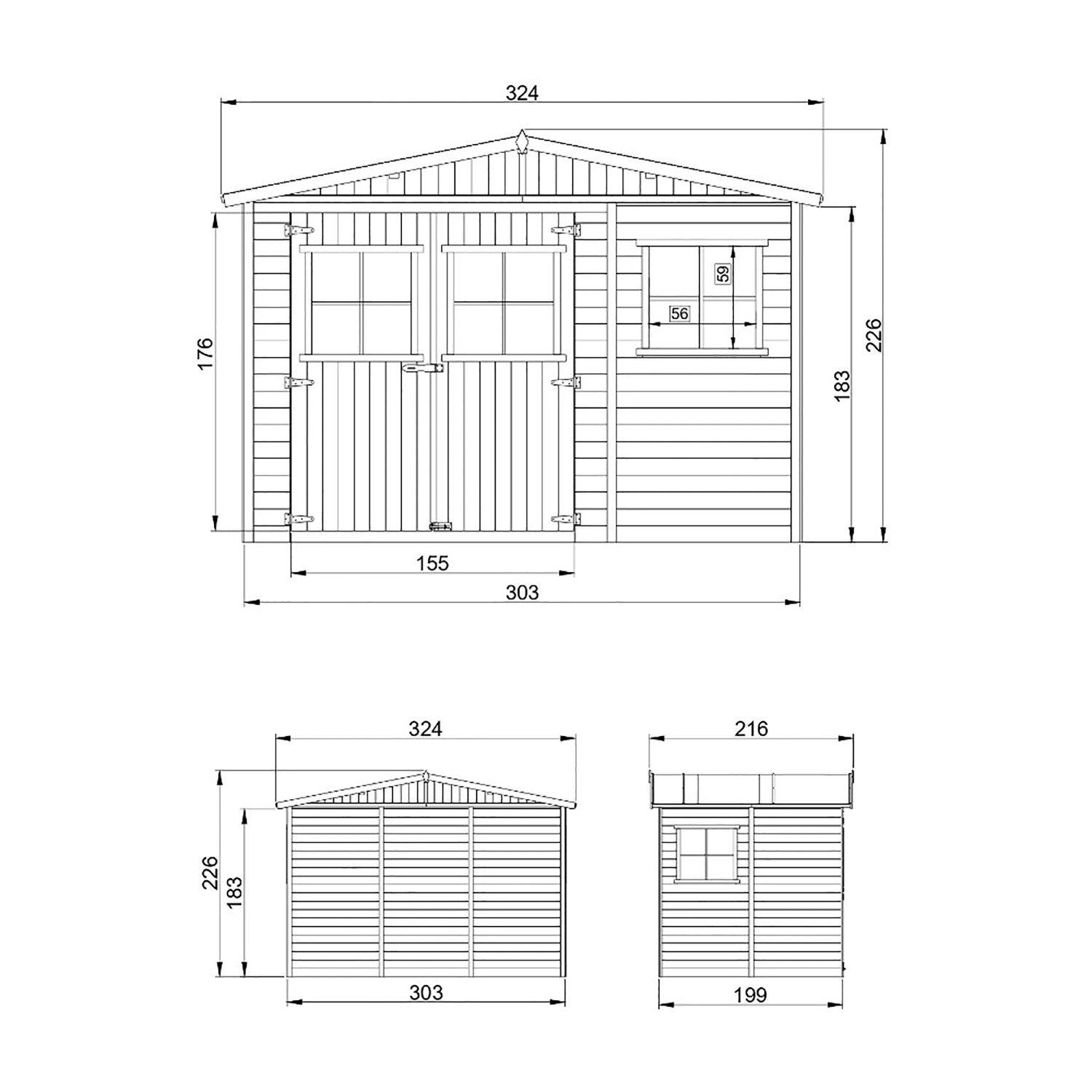 Technische Zeichnung: Timbela Gartenhaus M334, 6,03 m², Holz Abstellraum mit Fenster, Maße und Ansichten.
