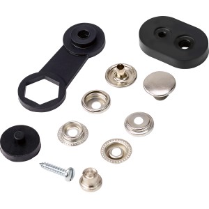 Ringfederknopf Set zum Anschrauben, 10-teilig, mit Werkzeug und Schraube.